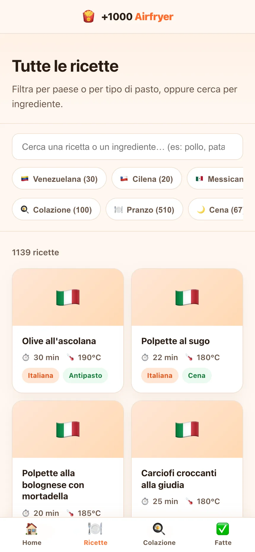 Elenco delle ricette con filtri per paese e per tipo di pasto