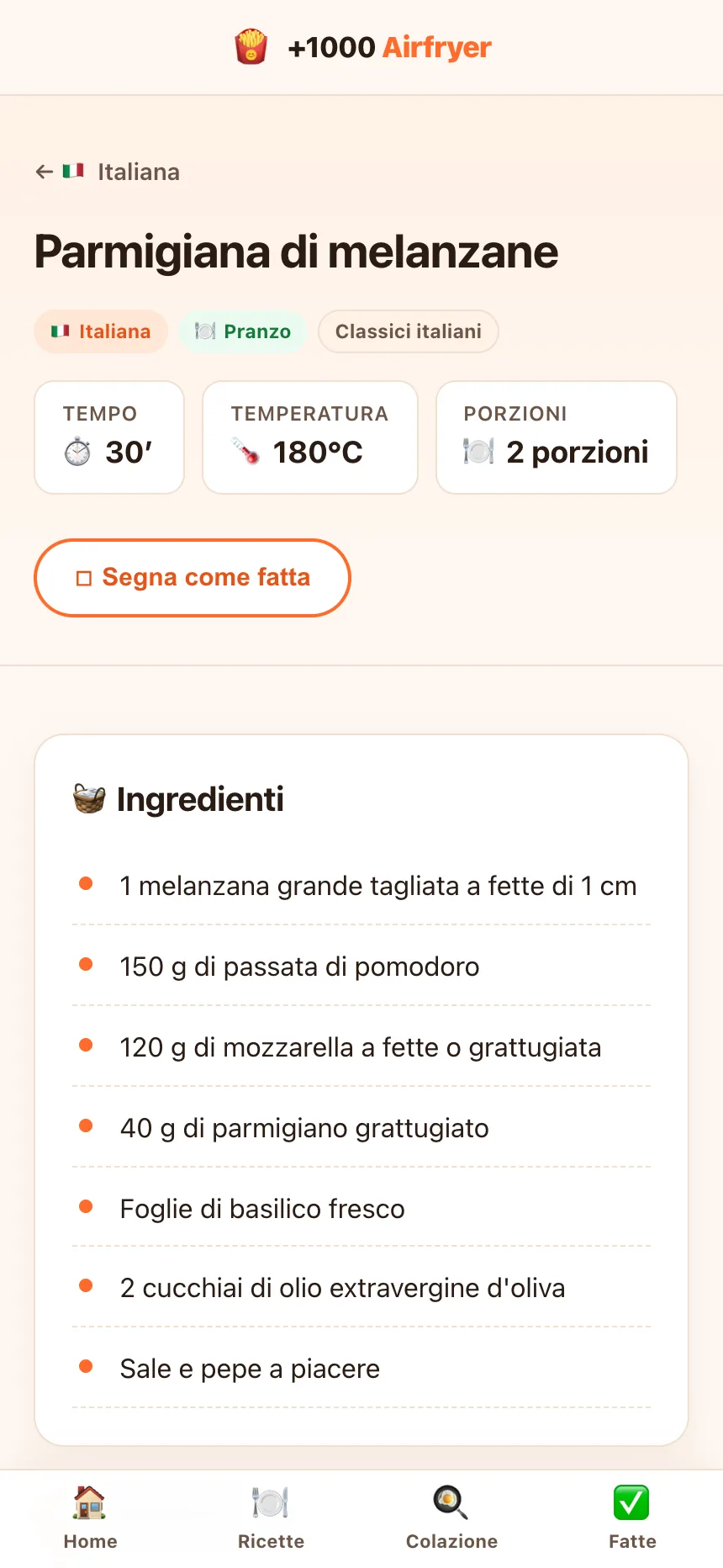 Scheda ricetta con tempo, temperatura, porzioni e ingredienti